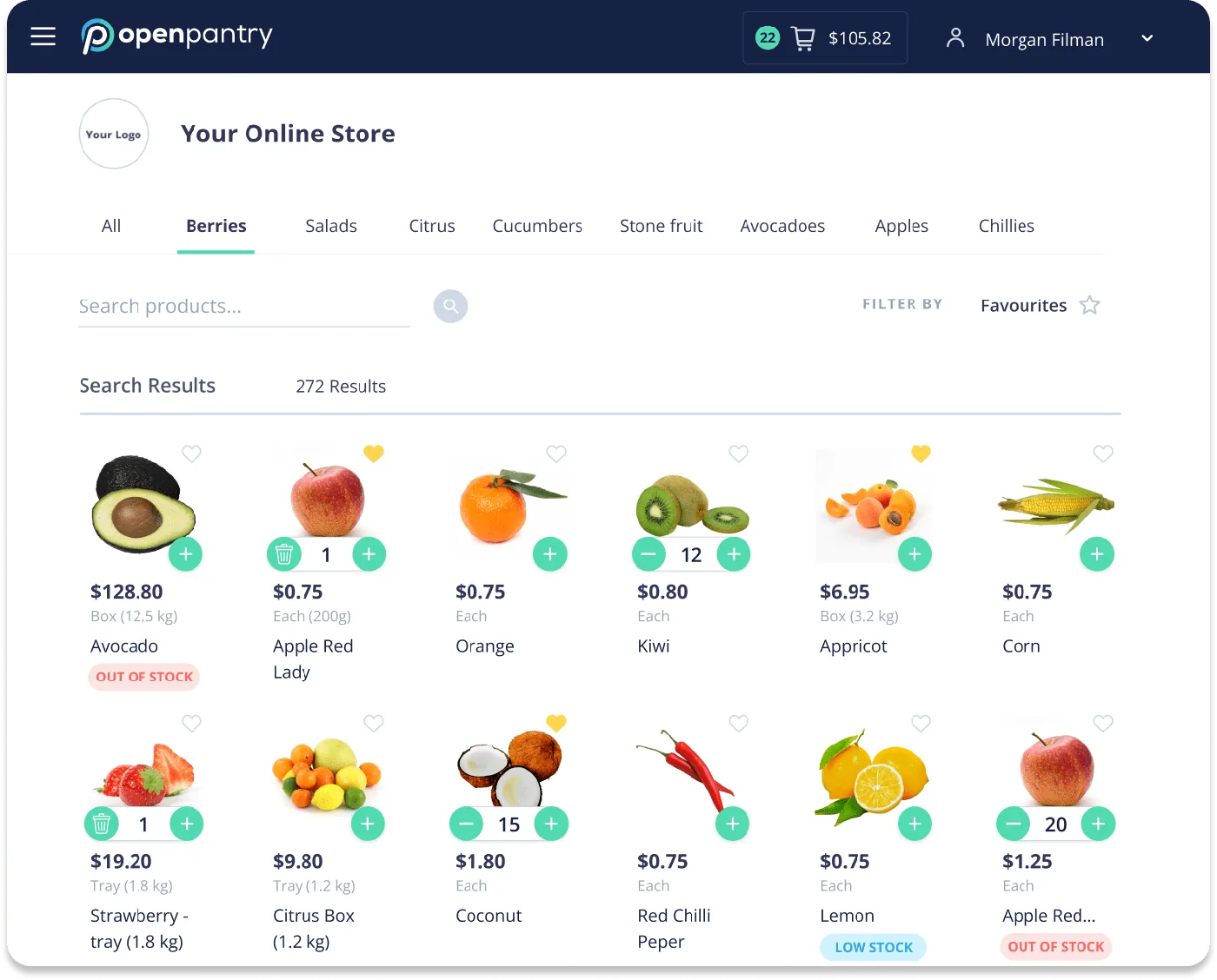 Open Pantry online store product catalogue screen