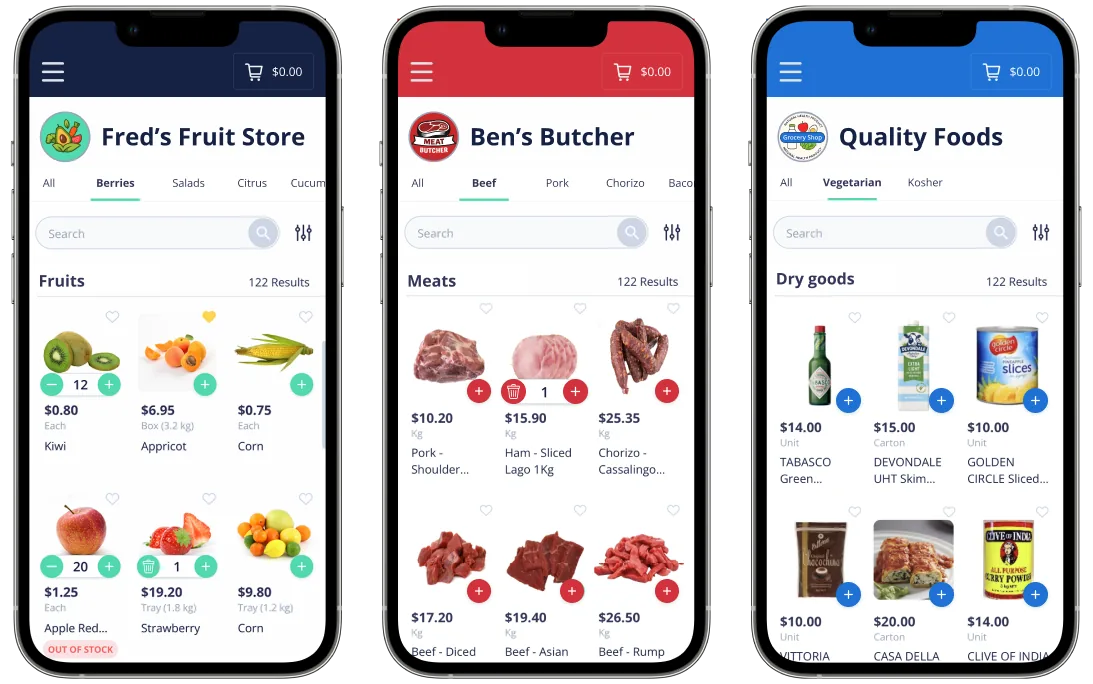Open Pantry branded wholesale ordering apps on three phones, each showing a supplier’s own logo, catalogue and pricing